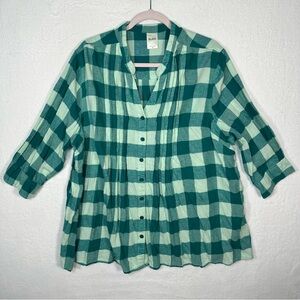 BLAIR Women’s XL Green Buffalo Plaid Shirt 100% Cotton Pintuck Pleat Cottagecore